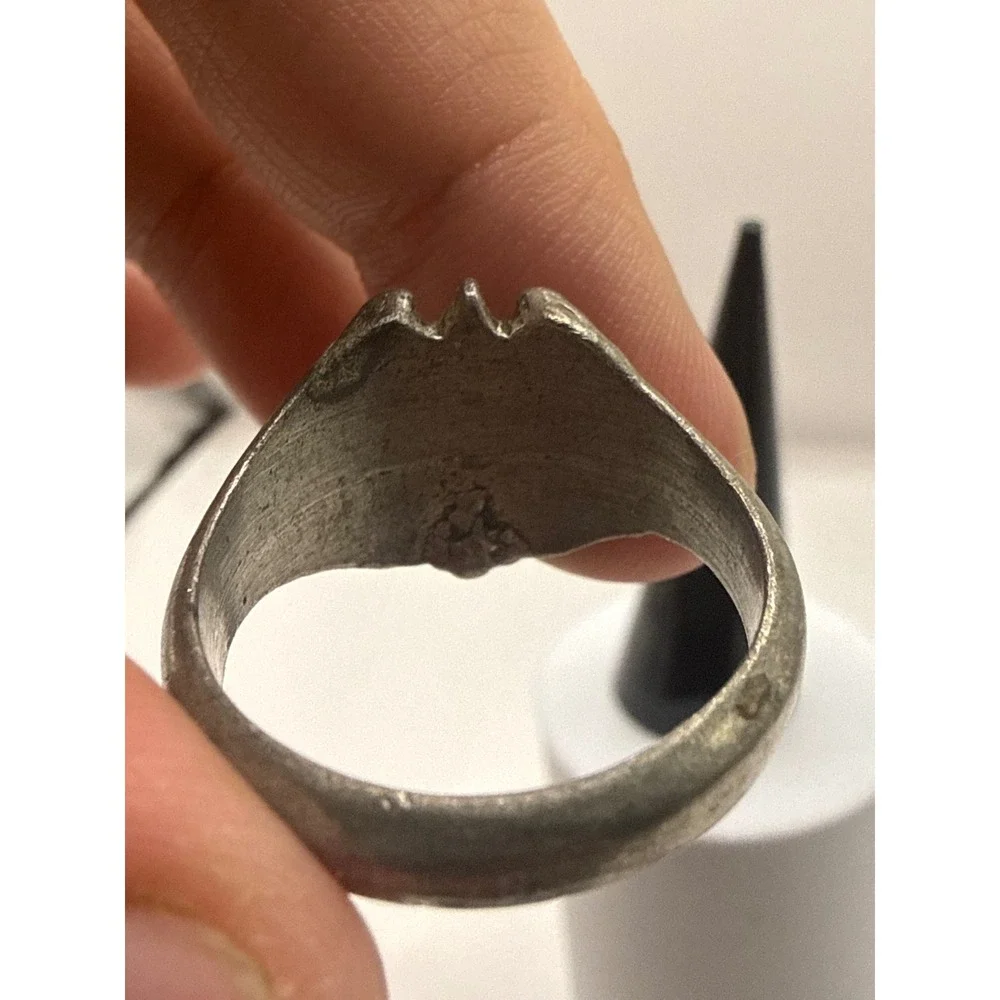 Vintage Bat Crest Ring Pewter‎ Tone Blue Red Enamel Textured Band Size 11.5